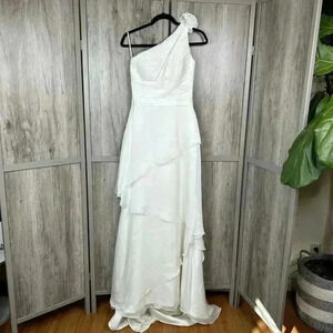 Pronovias Barcelona Wedding Dress Sz 8 One Shoulder Tiered